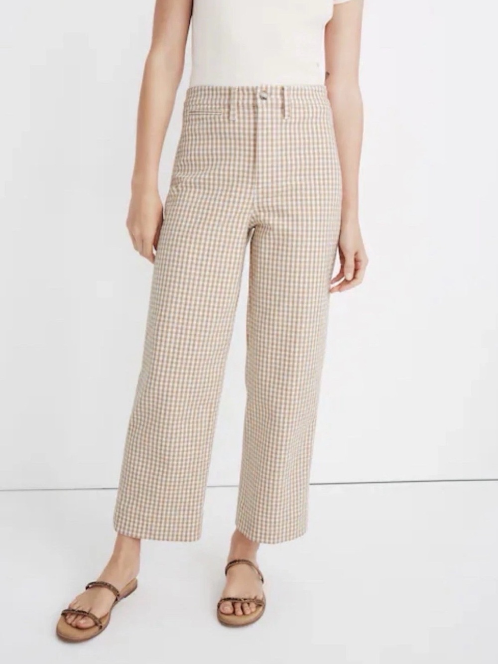 ✨ Madewell Slim Emmett Wide-Leg Pants Gingham Check Tan White Plaid Size 26